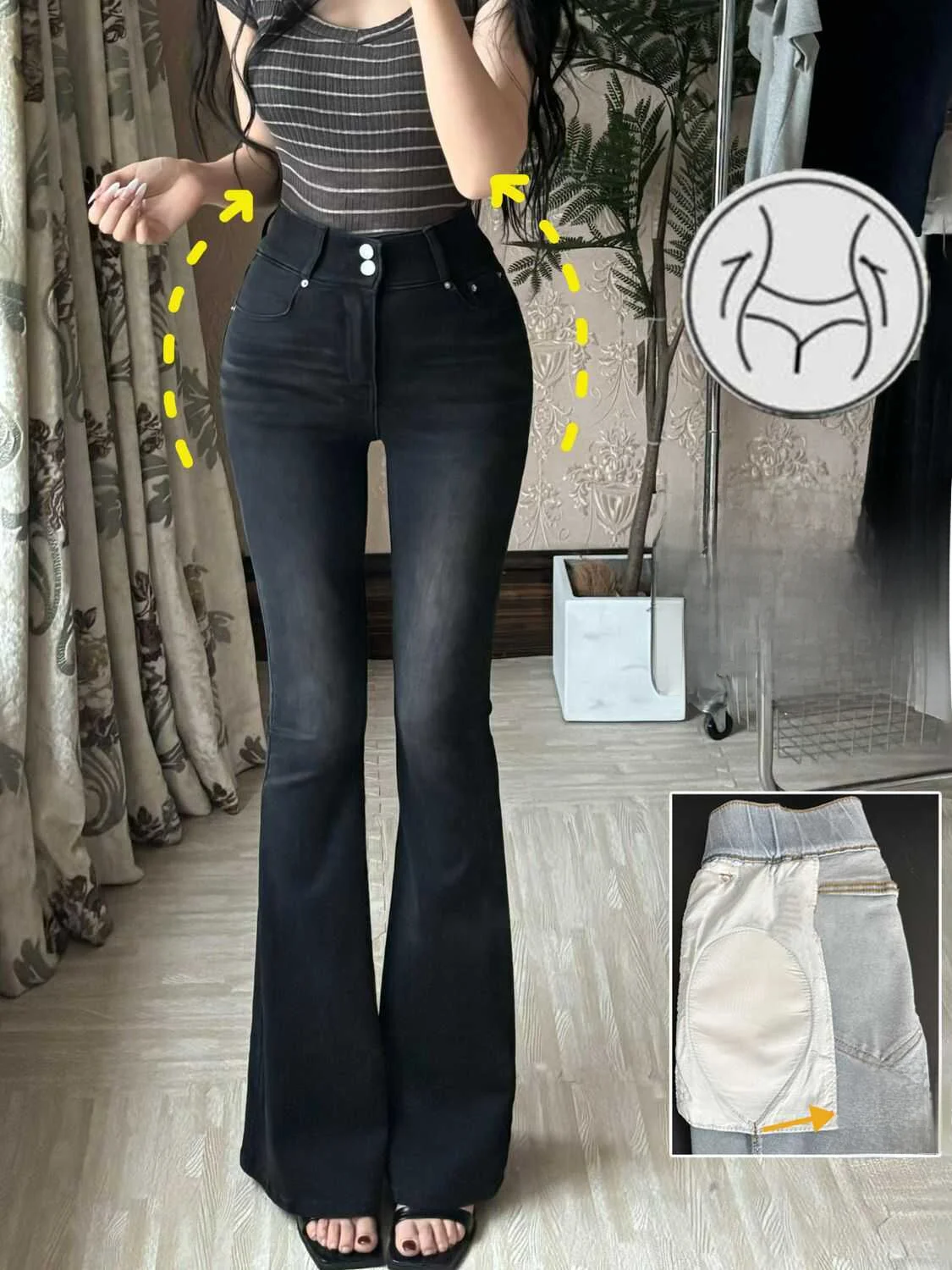 Comes with Feng Pad ~ Slightly Pull Jeans Women Wide Leg Retro Trousers Tight Waist and Mop Slim fit Slimming Black