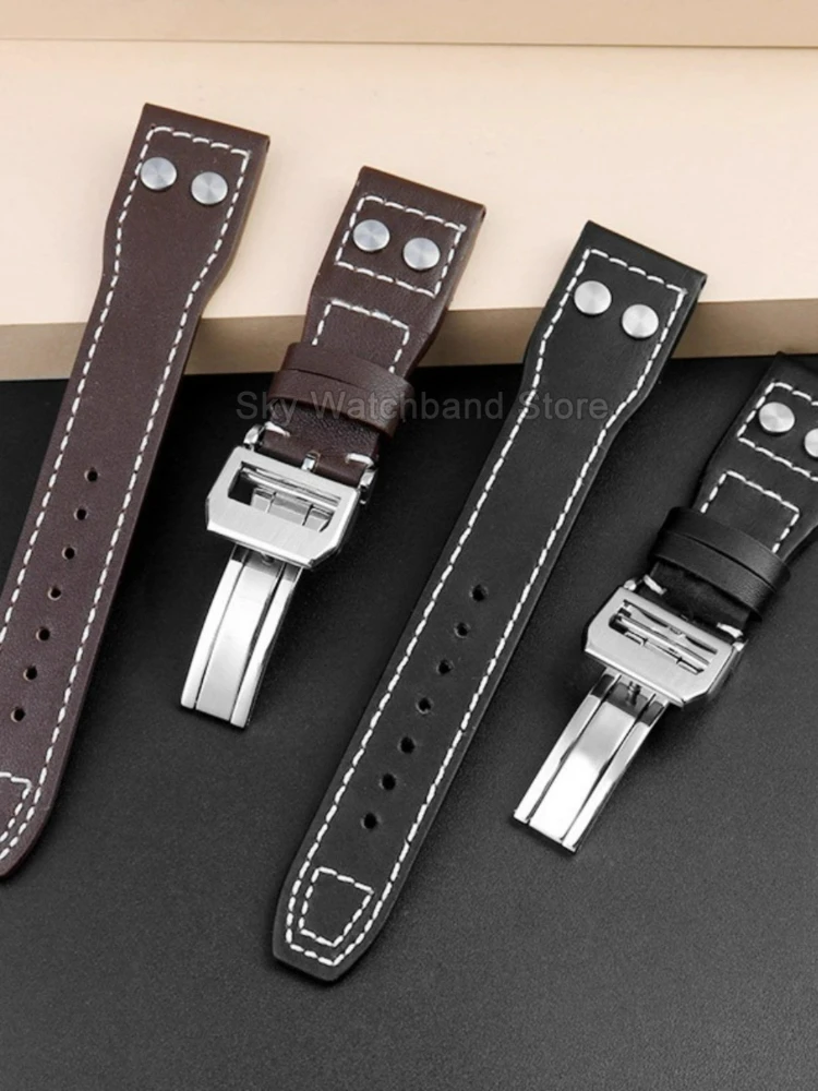 For IWC Le Petit Prince Spitfire Pilot's 20 21mm Black Genuine Leather Watch Strap Flat Interface Folding Buckle Soft Breathable