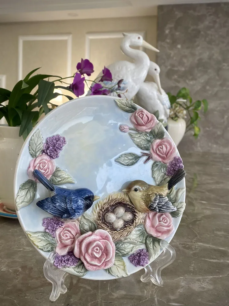 3D Red Rose & Bird Porcelain Decorative Wall Plate 2