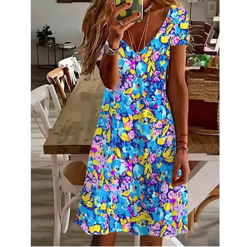 Women  Summer Short Sleeve V-Neck Casual Dress 3D Vintage Floral Printed Elegant Knee Length Dress S-3XL Lady Vestidos