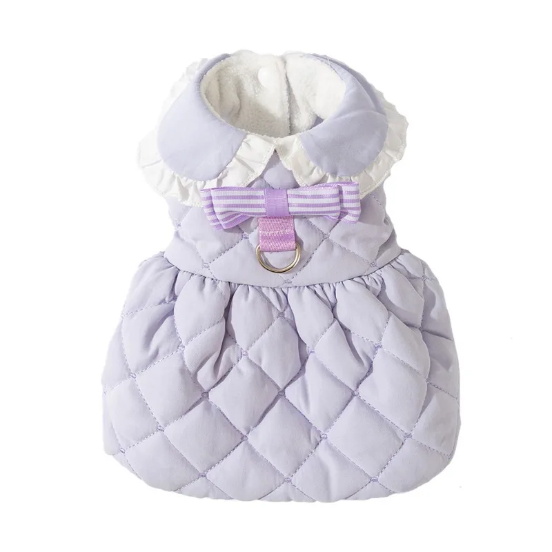 Winter Cotton Dresses for Pets Solid-Color Dog Clothes Thickened Warm Down Jacket for Teddy Dogs Princess-Style Coat