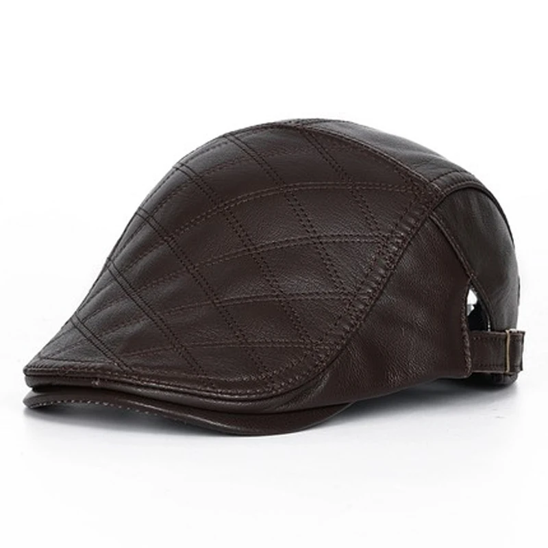 Genuine Leather Forward Hats Men Winter High Quality Sheepskin Adjustable Casual Checkered Embroidery Cool Berets Peaked Cap