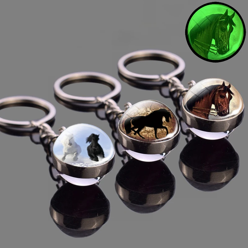 Glowing Horse Glass Ball Keychain Crazy Horse Luminous Jewelry Double Sided Glass Key Chains Animal Keyring Holder Gifts For Men