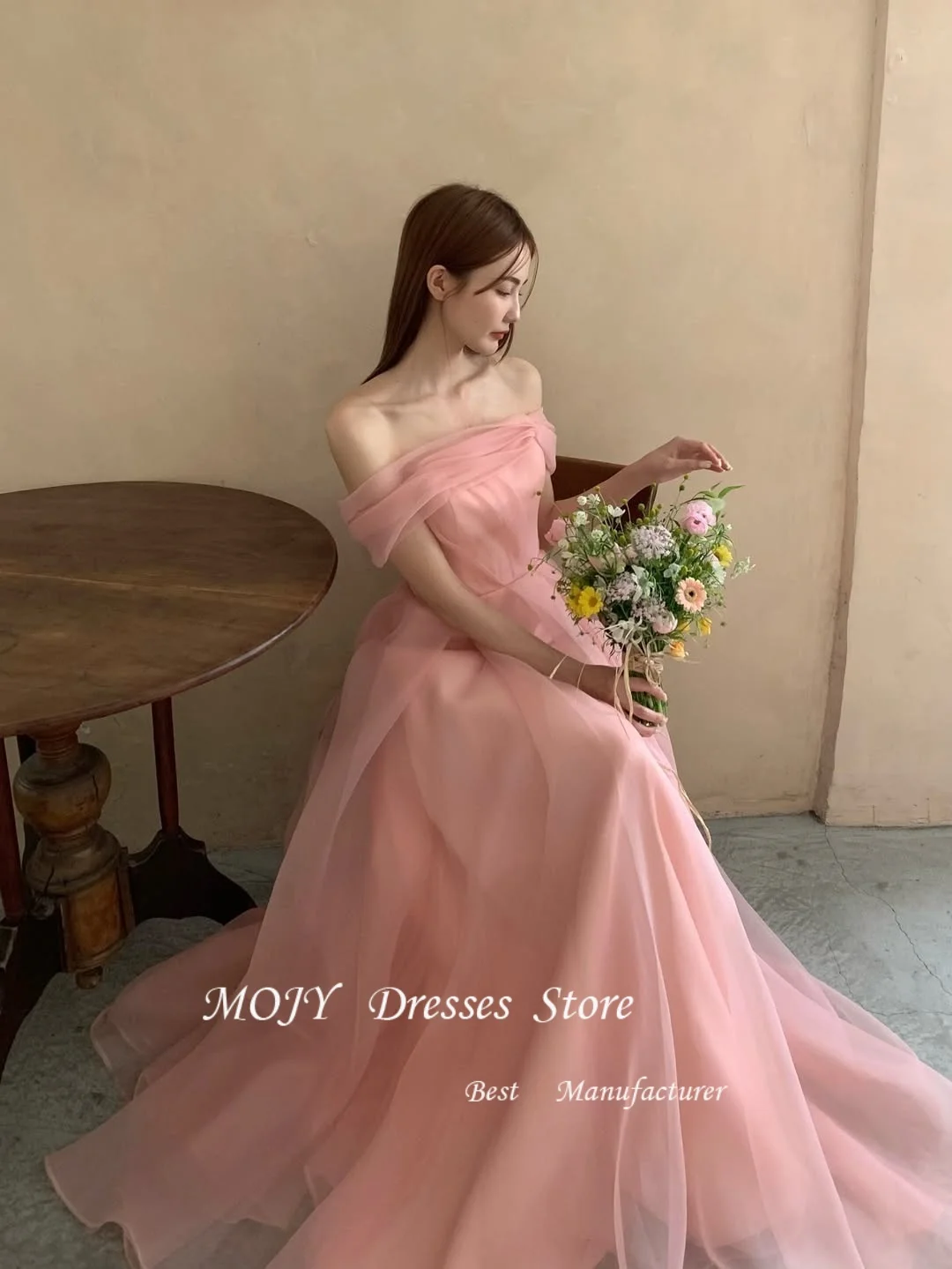 

Mojy Pink Evening Dresses Off the Shoulder Korean Wedding Dresses for Photo Shoot Customized A-line Floor-Length Organza