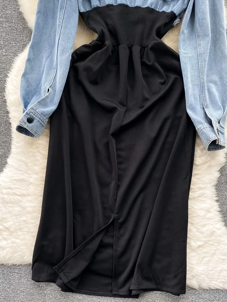 Lusumily Vintage Denim Dress Patchwork Design A-line Jean Dress Woman Elegant Lapel Long Sleeves Female Holiday Vestidos Rober