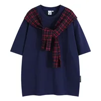 2025 New Plaid Shawl Fake Two-Piece Casual Short Sleeve Men's T-shirt Hong Kong Style Loose Fit Comfortable Breathable Summer To