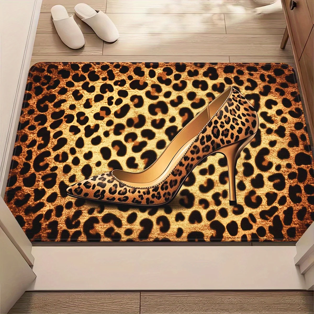 Glamorous Leopard Print High Heel Shoe Doormat Mat Rug for Entrance Hallway Decor Fashion Accessory Polyester Indoor Luxury Mat