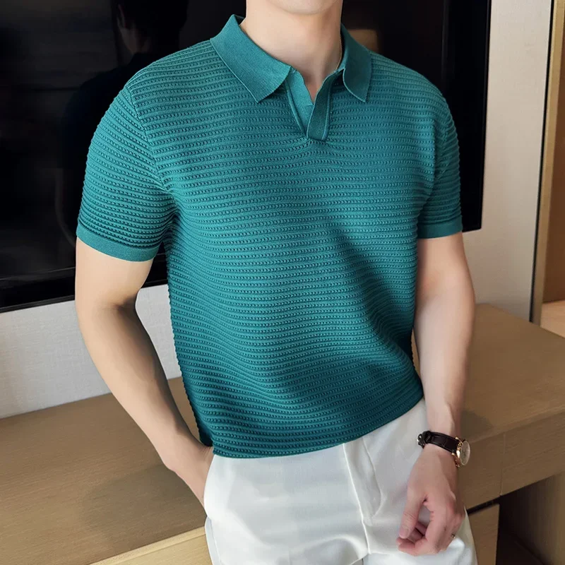 Men's Polo Shirt 2024 Summer New Thin Knitted Hollow Striped Jacquard Solid Short Sleeved V-neck T-shirt Casual Men's Clothing