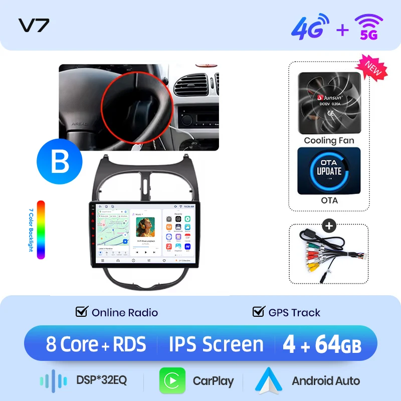 Junsun draadloze CarPlay Android Auto autoradio voor Peugeot 206 (Hatch/CC/SW) 1998-2012 met ingebouwde koelventilator, Android GPS navigatie, multimediaspeler, WiFi, DSP, RDS, BT, SWC, IPS