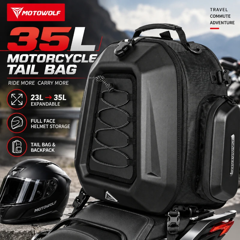 35L Expandable Motorcycle Tail Bag Hard Shell Rear Seat Helmet Bag Multifunction Riding Backpack for Full Face Helmet