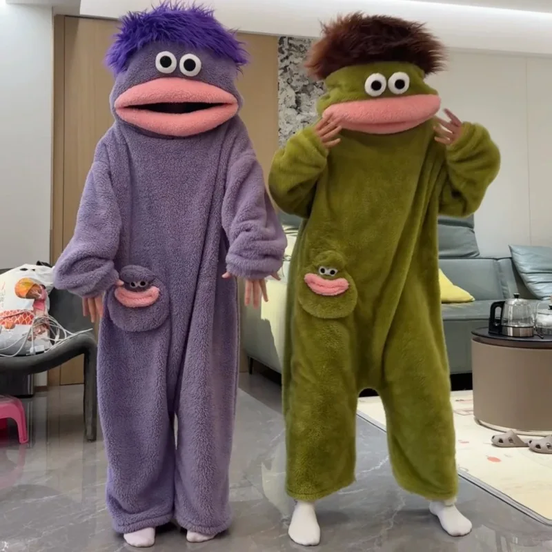 Adult Pajamas Funny Big Mouth Monster Matching Jumpsuit Fall Winter Couple Ready Thick Coral Fleece Loungewear for Men and Women