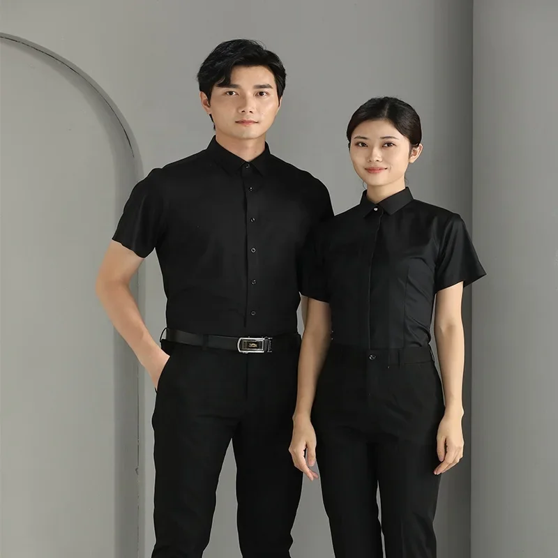 Factory Wholesale customized solid color lapel short-sleeved hotel restaurant staff uniforms service industry staff shirts