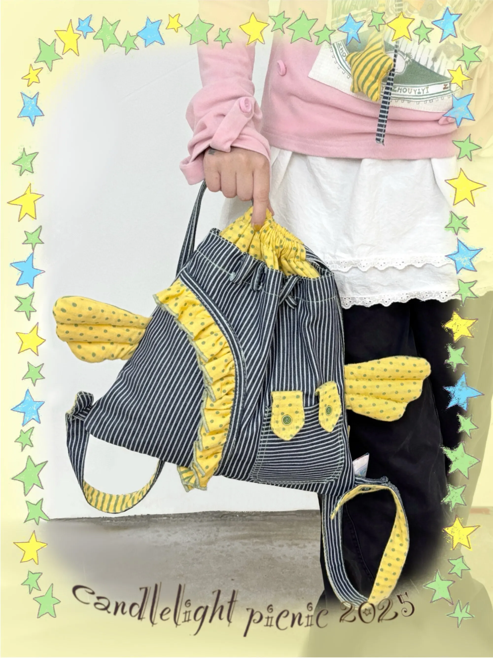 2026 Original Denim 3D Cartoon Wing Striped Bucket Shaped Drawstring Style Personalized Creative Cute Backpacks For Women Trendy