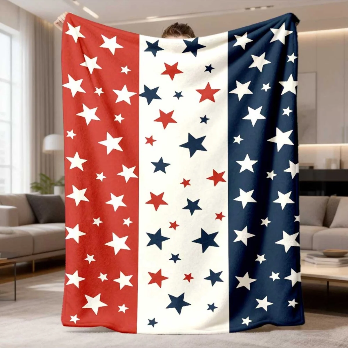 Patriotic Star Pattern Flannel Blanket Lightweight Warm Plush Throw Blanket Red White Blue Vertical Stripe Star Decor Blanket