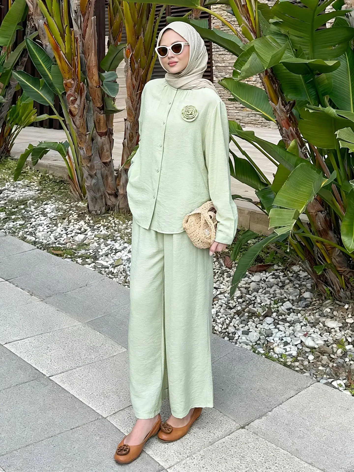 Eid Women Button Shirt Top 2 Piece Set Lace-up Wide Leg Pant Muslim Blouse Jalabiya Ramadan Dubai Musulman Ensembles Arab Long 4