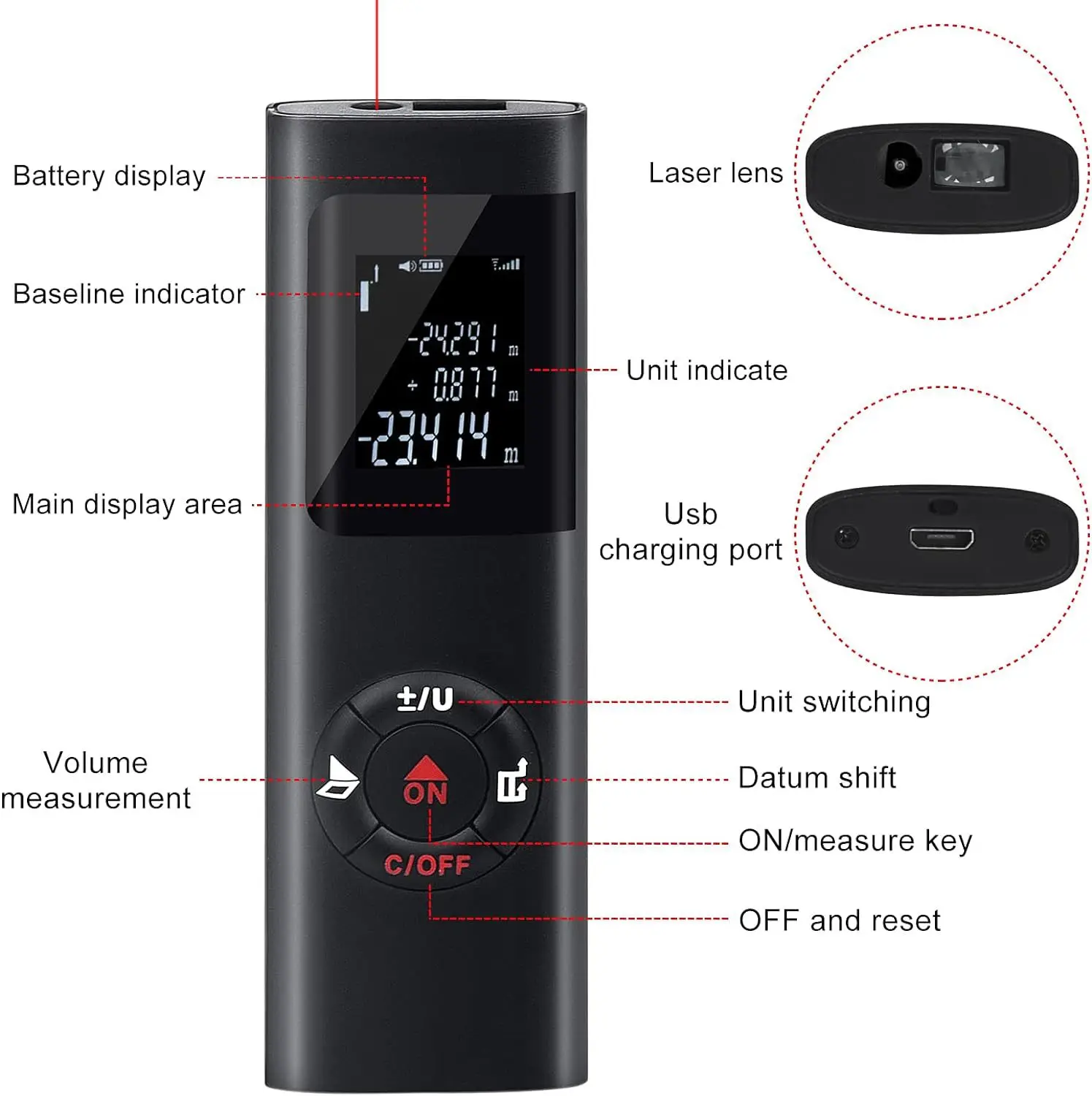 40 متر/60 متر صغير ذكي ليزر مقياس مسافات قياس الأشعة تحت الحمراء Rangefinder USB قابلة للشحن المحمولة يده الليزر المدى مكتشف أداة