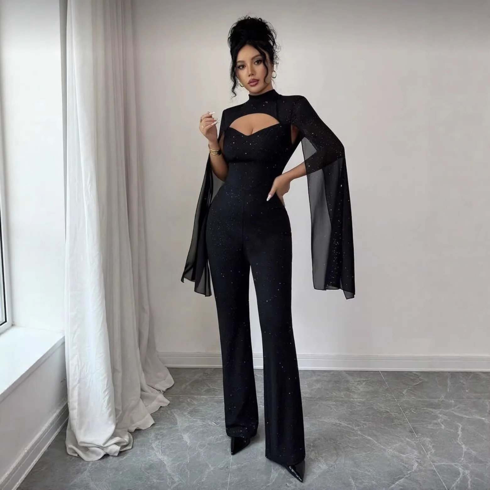 

Women's Glitter Mock Neck Sheer Chiffon Cloak Sleeve Elegant Overalls Temperament Commuting Female Casual Zipper Back Jumpsuit