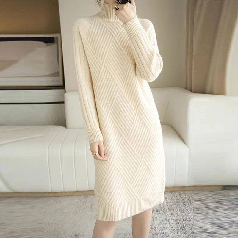 EVNISI Autumn Winter Women Wool sweater Dress Mock Neck Ribbed Solid Knit Dresses Elegant Lady Party Bottoming Cashmere Vestidos