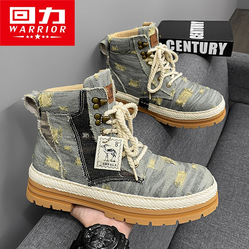Warrior 2024 Autumn Retro Design Boots Hiking Outdoor Man Casual Shoes Men\'s Hand Knitting Hiking High Tops Sneakers