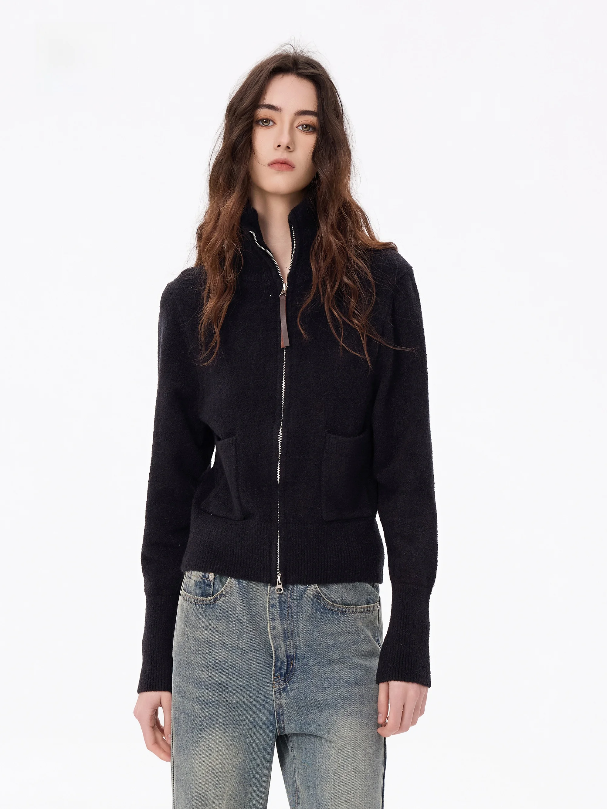 

Мягкий вязаный свитер-пальто из смесовой австралийской шерсти для женщин, повседневный, свободного кроя, с высоким воротником, длинными рукавами, теплый, укороченный топ