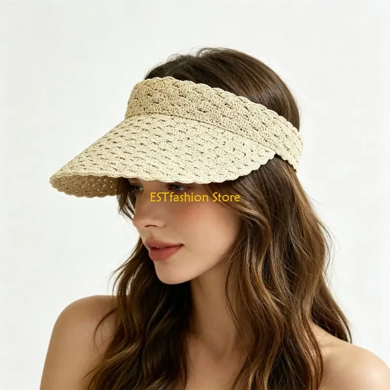Y5GC Adult Sun Hat 56-58 Open-Top Summer Shade Cap with Arched Bill and Textured Braid Detail for Daily Beach Wear