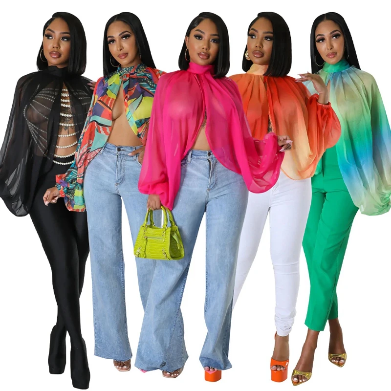 Gradient Print Batwing Sleeve Chiffon Shirts Long Sleeve Front Split Sexy See Through Casual Loose Asymmetrical Tops Streetwear