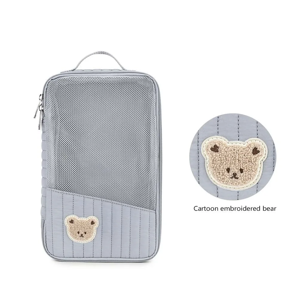 Cartoon Bear Embroidered Mesh Diaper Pouch Striped Compact Infant Care Organizer See-through Foldable Baby Packing Cube Traveler