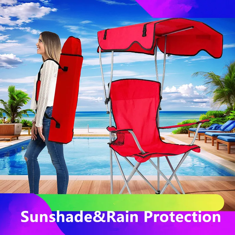 Cadeira dobrável ao ar livre, guarda-sol, abrigo de chuva, apoio de braço, cadeira de acampamento, encosto portátil, churrasco, piquenique, lazer, praia, peixe