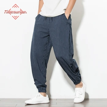Style japonais été Section mince rayures sarouel hommes coton mode disque boucle respirant lin pantalon hommes grande taille 5XL