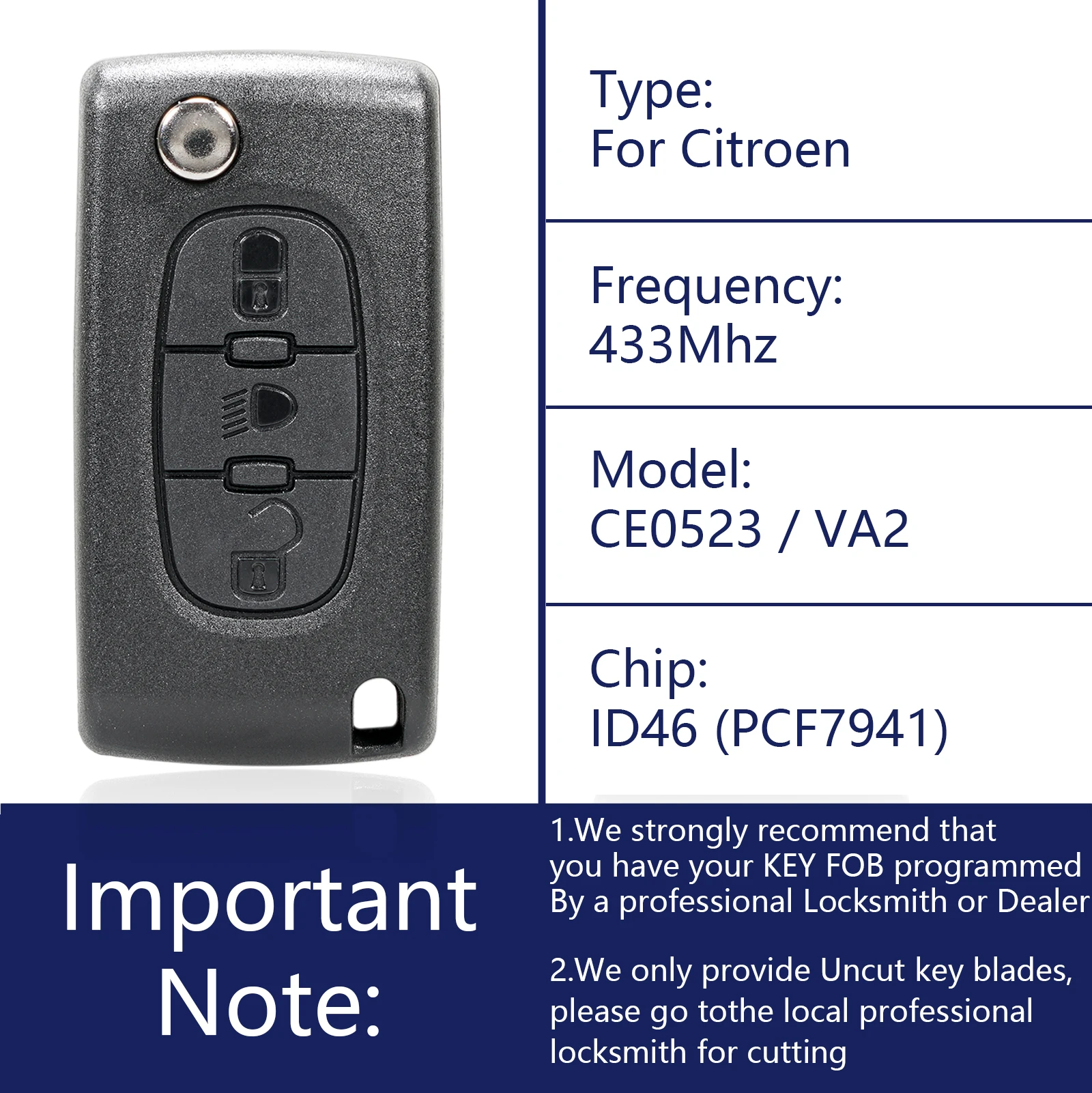 OHMSEN Flip Remote Key Fob 3 Button with Light CE0523 VA2 for Citroen C3 C4 C5 C6 Picasso 433MHz + PCF7941 Chip