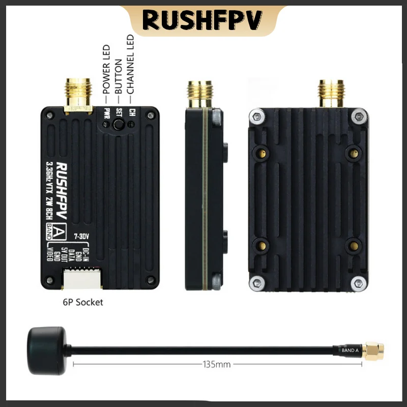 RUSHFPV 3.3GHz 2W VTX with SMA Circular Polarized Antenna Supports IRC Tramp Protocol for RC FPV Long Range Drone