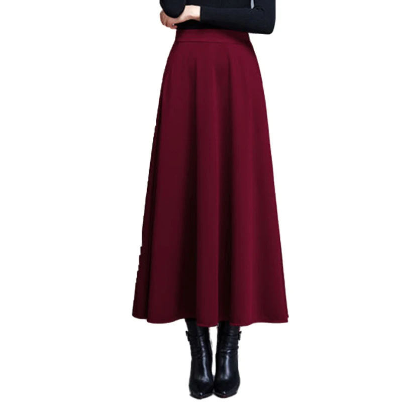 High Waist Pleated Skirt Elegant Ladies Wine Red Black Solid Color Maxi Long Skirts Women Faldas Saia