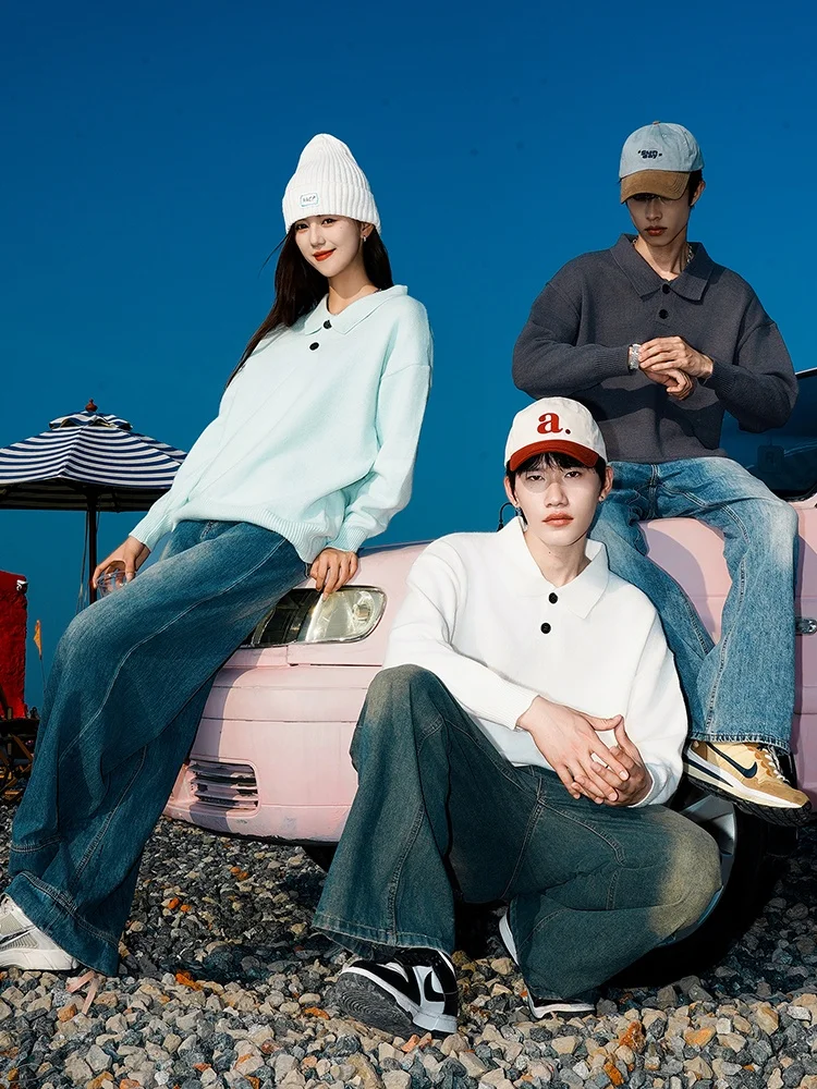 

Couples Oversized Knitted Sweater Long Sve Collar Autumn Winter American Retro Sle Comfortable Soft Color Blo Top