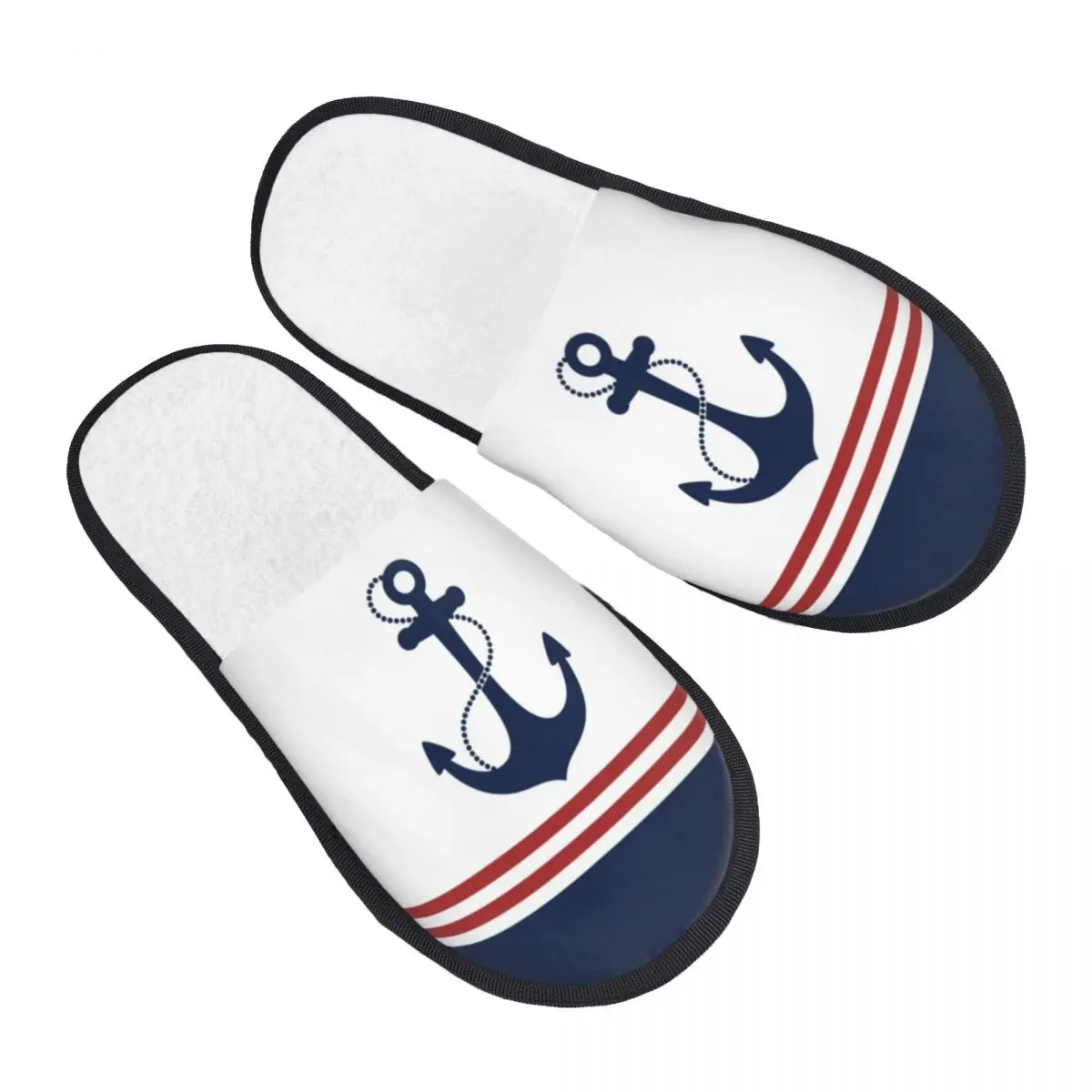 Custom Nautical Navy Blue Anchor With Stripes House Slippers Women Soft Memory Foam Sailing Sailor Slip On Spa Slipper Shoes