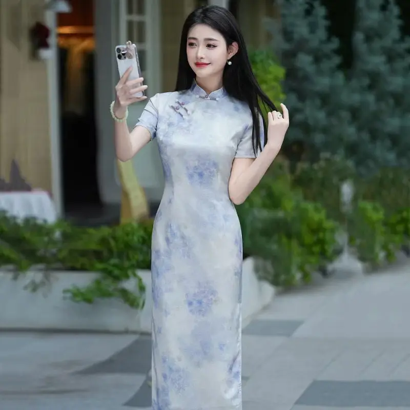 

Весенне-летнее женское платье-ципао с коротким рукавом, в китайском стиле, с воротником-стойкой, с принтом, элегантное