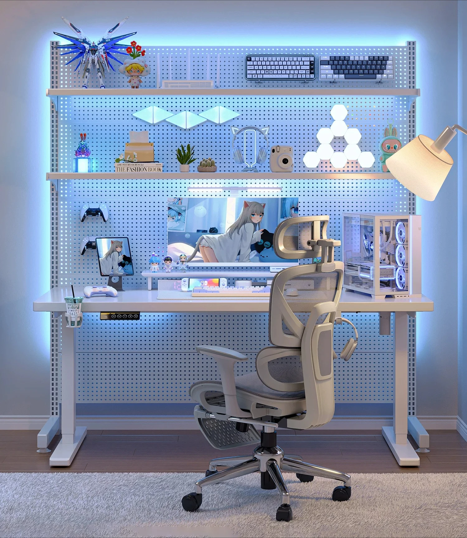 T*-Premium White Height Adjustable Desk with Pegboard, Shelves & RGB Light, Multi-Functional Gaming & Home Office Desk