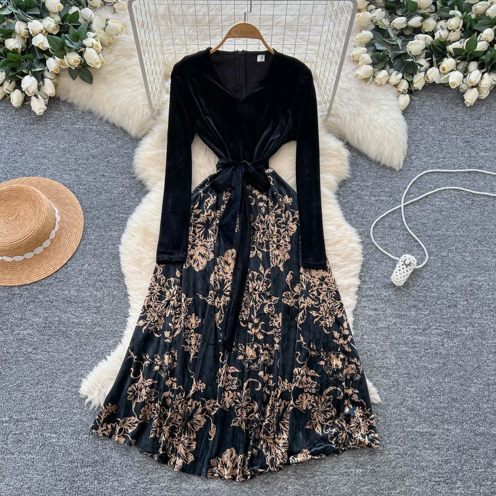 Sukienki patchworkowe damskie, sukienka z rozkloszowanym dołem, wzór w kwiaty, szarfy, linia A, długi rękaw, dekolt pół-V, długość do kostek, zamek błyskawiczny, luźna, elegancka, jesień 2025