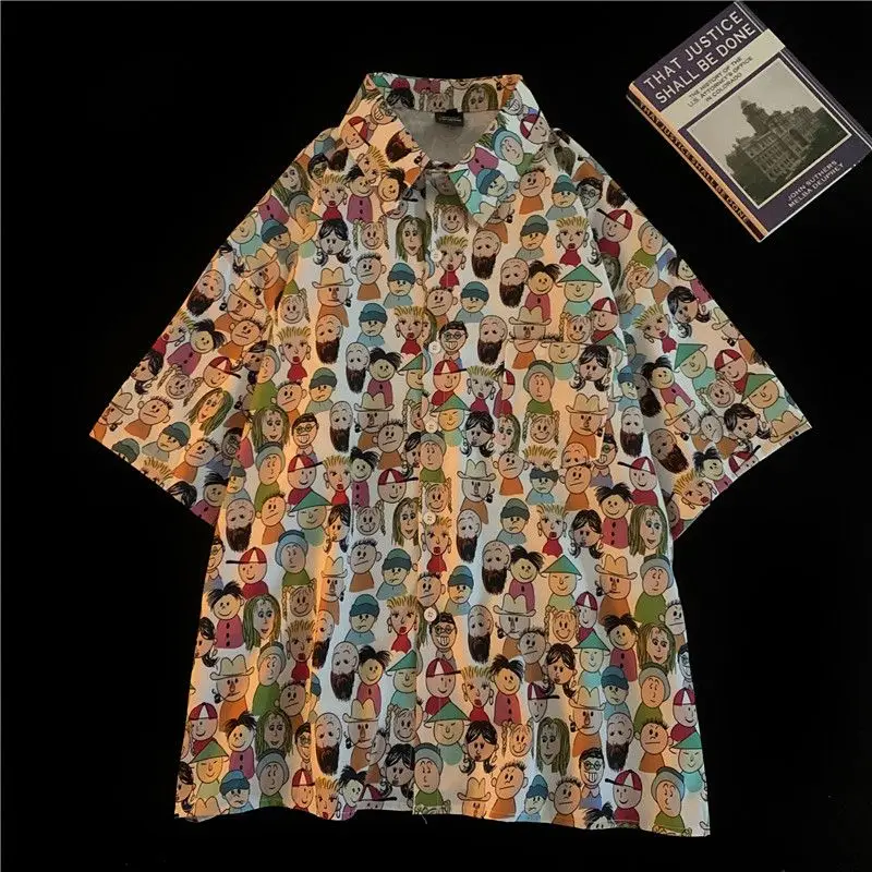 Camisa de manga corta con estampado Floral para hombre y mujer, camisa hawaiana con cabeza de personaje de dibujos animados, camisa de playa