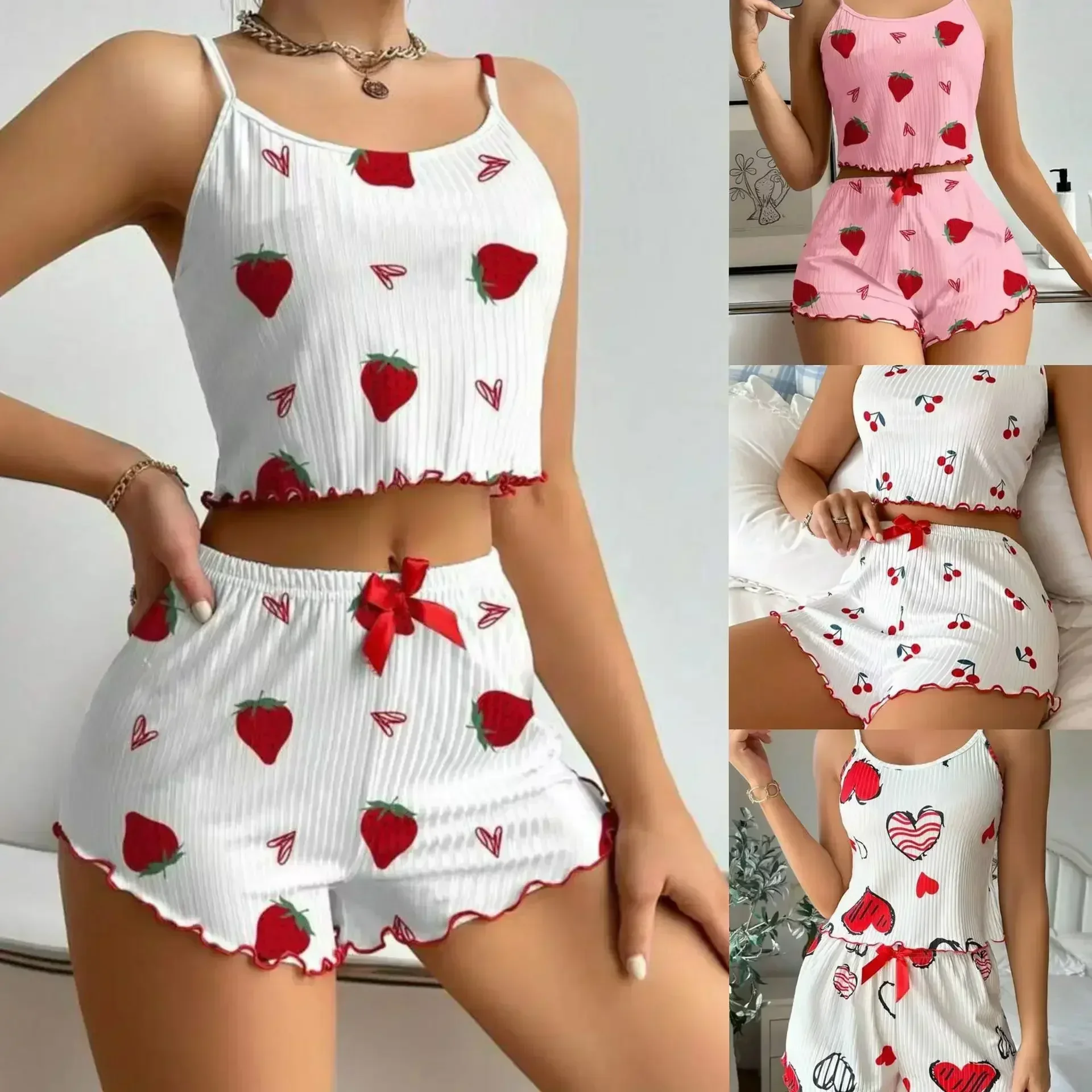 

Women's Pajamas Adjustable Camisole Undershirt Bow Shorts Strawberry + Love Print Suit Comfortable Slim Sexy Homewear