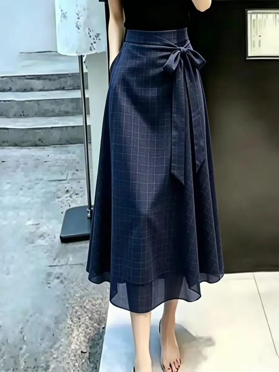 Summer New Retro High Waist Slimming Large Size Elegant Maturity Style Plaid Belted Half Skirt Women's Fashion Casual A-Line ...