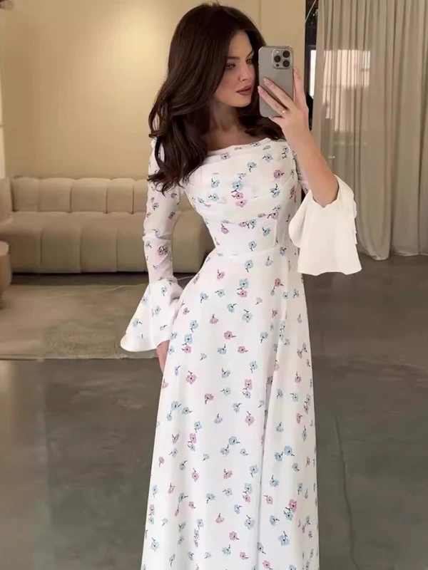 เดรสยาวเอวสูงทรงเข้ารูปพิมพ์ลายดอกไม้สำหรับผู้หญิงแฟชั่นฤดูร้อน แขนกระดิ่ง ทรงเข้ารูป ช่วยกระชับเอว
