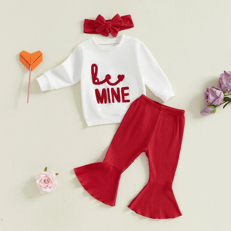 Baby Girls Fall Outfit Long Sleeve Embroidery Letters Sweatshirt with Flare Pants Headband Valentines Day Clothes