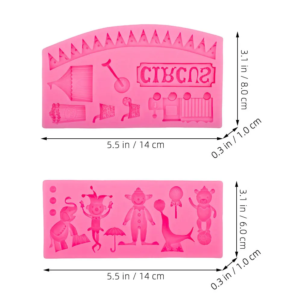 Molde de silicona para Fondant con temática de circo, herramienta de decoración de pasteles suave y Flexible, animales de dibujos animados, cumpleaños, eventos de boda, 2 uds.