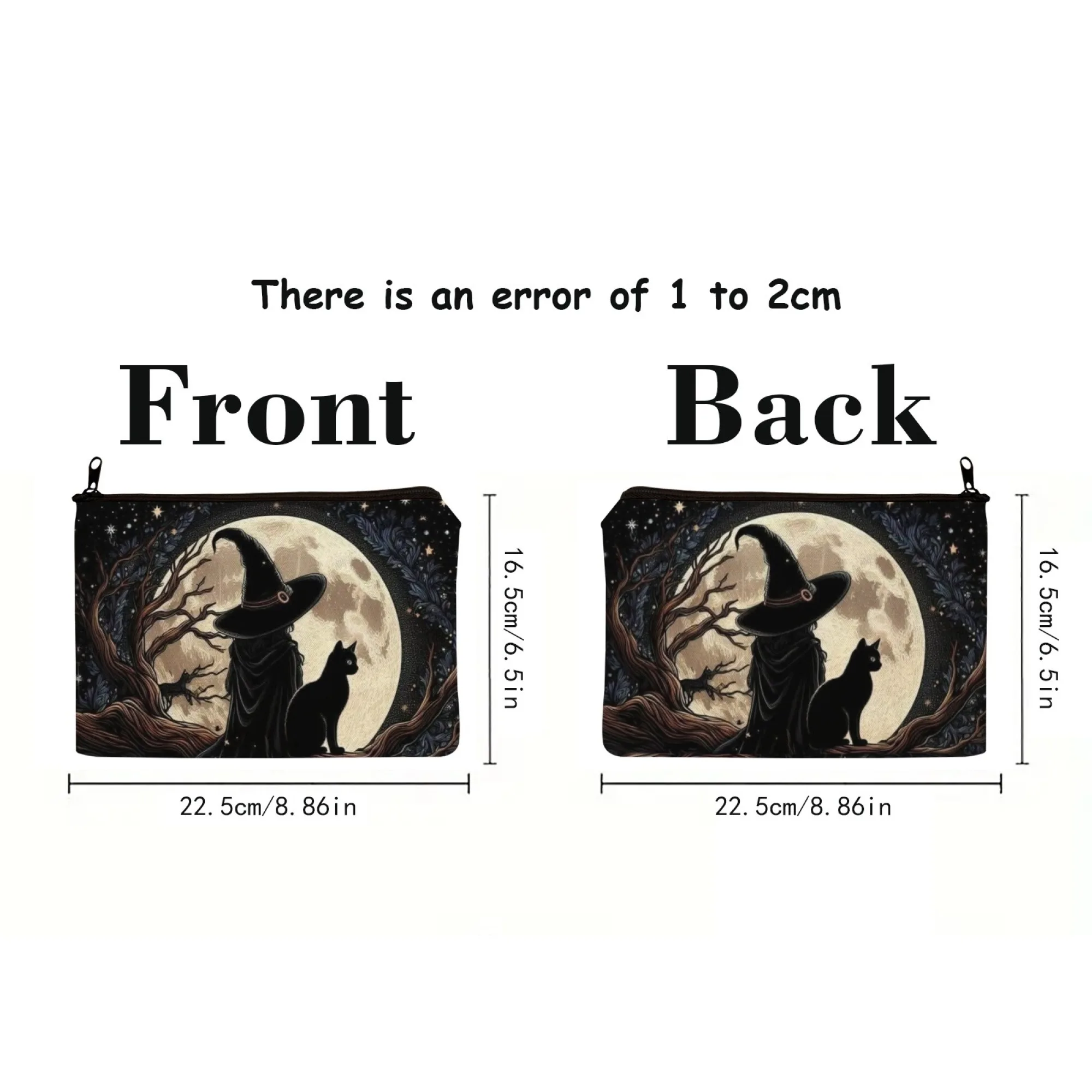 حقيبة مستحضرات التجميل الأنيقة للهالوين والساحرة والقطة السوداء، خلفية شجرة مضاءة القمر - ملحقات سفر لمتابعي النمط القوطي