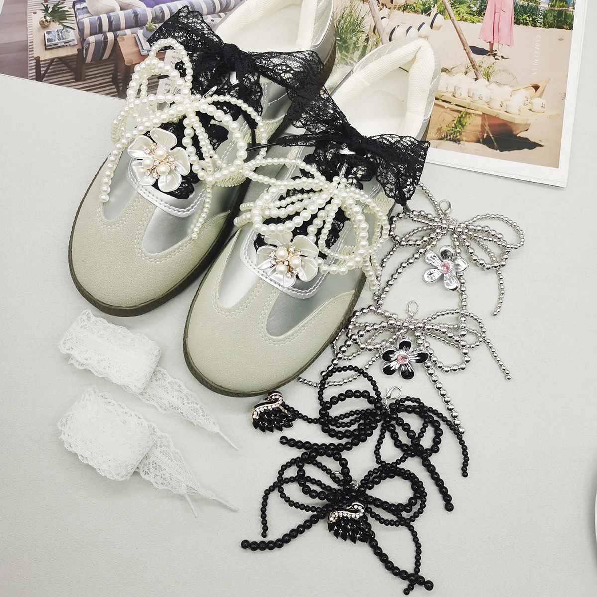 6 قطعة أربطة الحذاء الدانتيل ديكور الباروك فو اللؤلؤ القوس الأحذية المعلقات زينة زهرة رباط الحذاء مقاطع اكسسوارات سوان أبازيم الأحذية