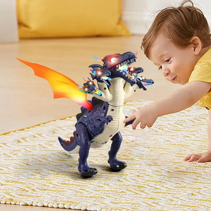 Brinquedo de dinossauro elétrico ambulante com asas, Movimento interativo, 5 cabeças, Modelo animal realista com luz, 4-7 anos de idade