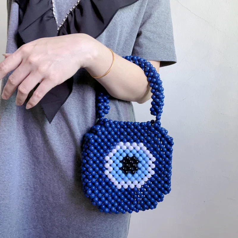 

Fashion Retro Blue Handbag New Designer Hand Woven Beaded Bags for Women Unique Tote Cute Small Top-Handle Female Square Purse