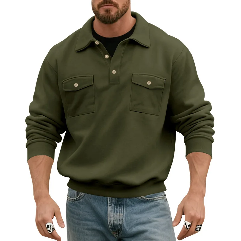 2026 Heavy Retro Spring and Autumn Sweater Men's Lapel Tough Guy POLO Tooling Locomotive Long-sleeved Sweater