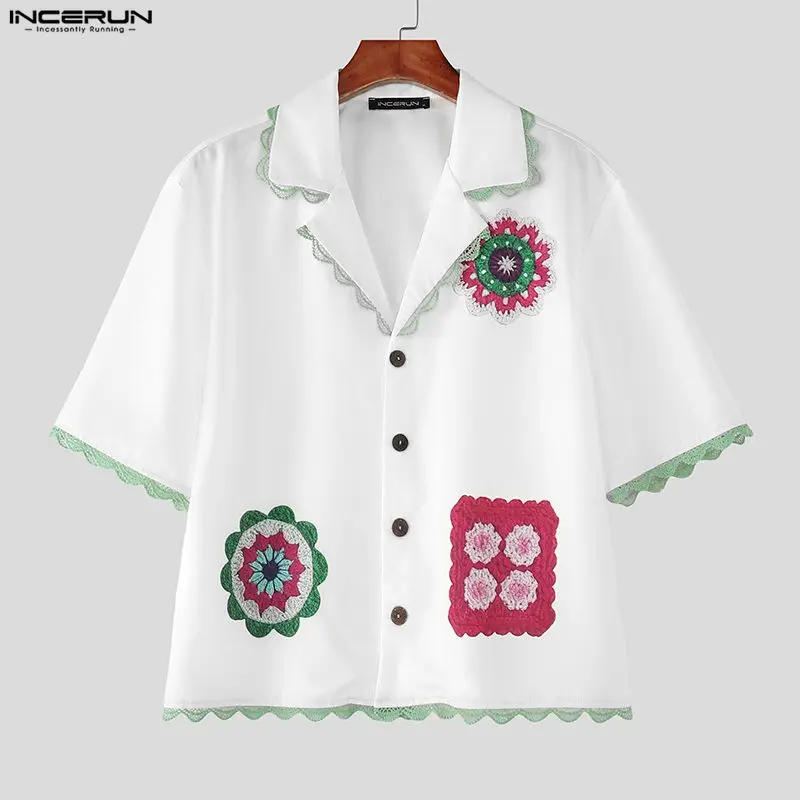 

INCERUN Men's Shirt Printing Lace Patchwork Lapel Short Sleeve Male Tops Camisa Streetwear Loose 2026 Stylish Casual Men Clothes