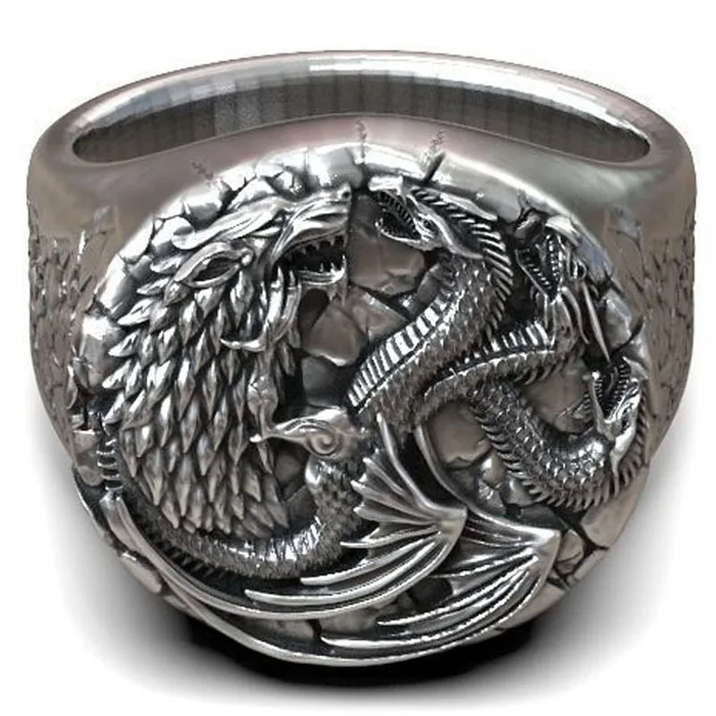 

18g Blood and Fire Relief Western Dragon Mens Rings Customized 925 SOLID STERLING Silver Rings Many Size 9-13